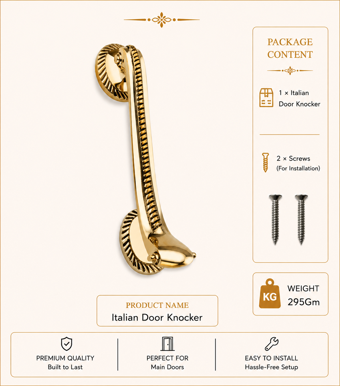 Italian Brass Door Knocker | Premium Solid Brass Italian Style Entrance Door Knocker | Antique Finish | Luxury Main Door Hardware