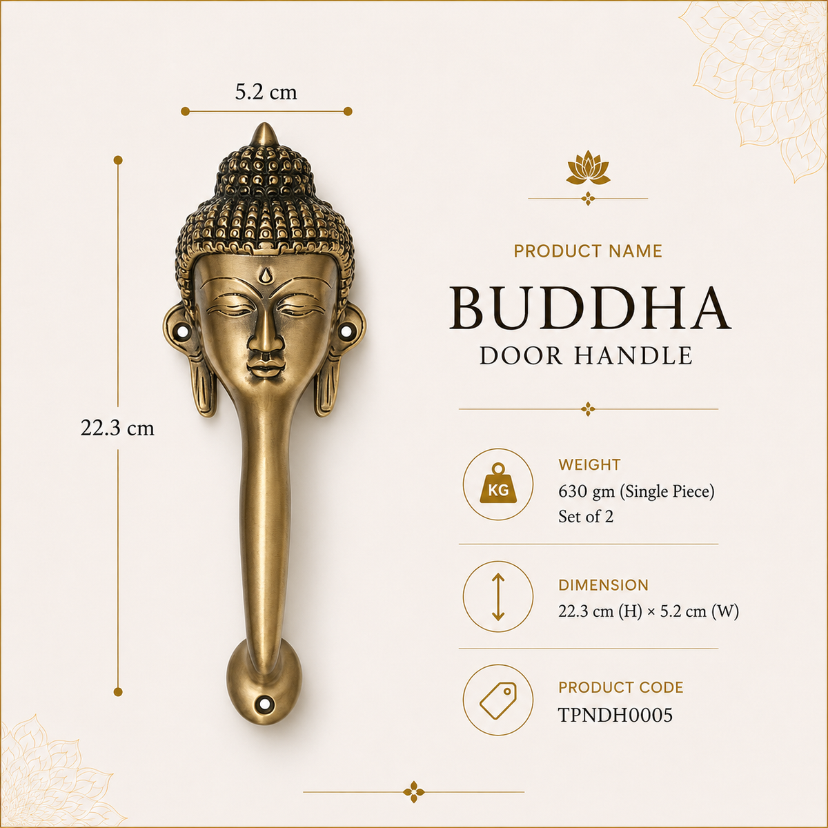 Single Buddha Brass Door Handle | Premium Solid Brass Main Door Handle | Antique Finish | Luxury Home Entrance Decor