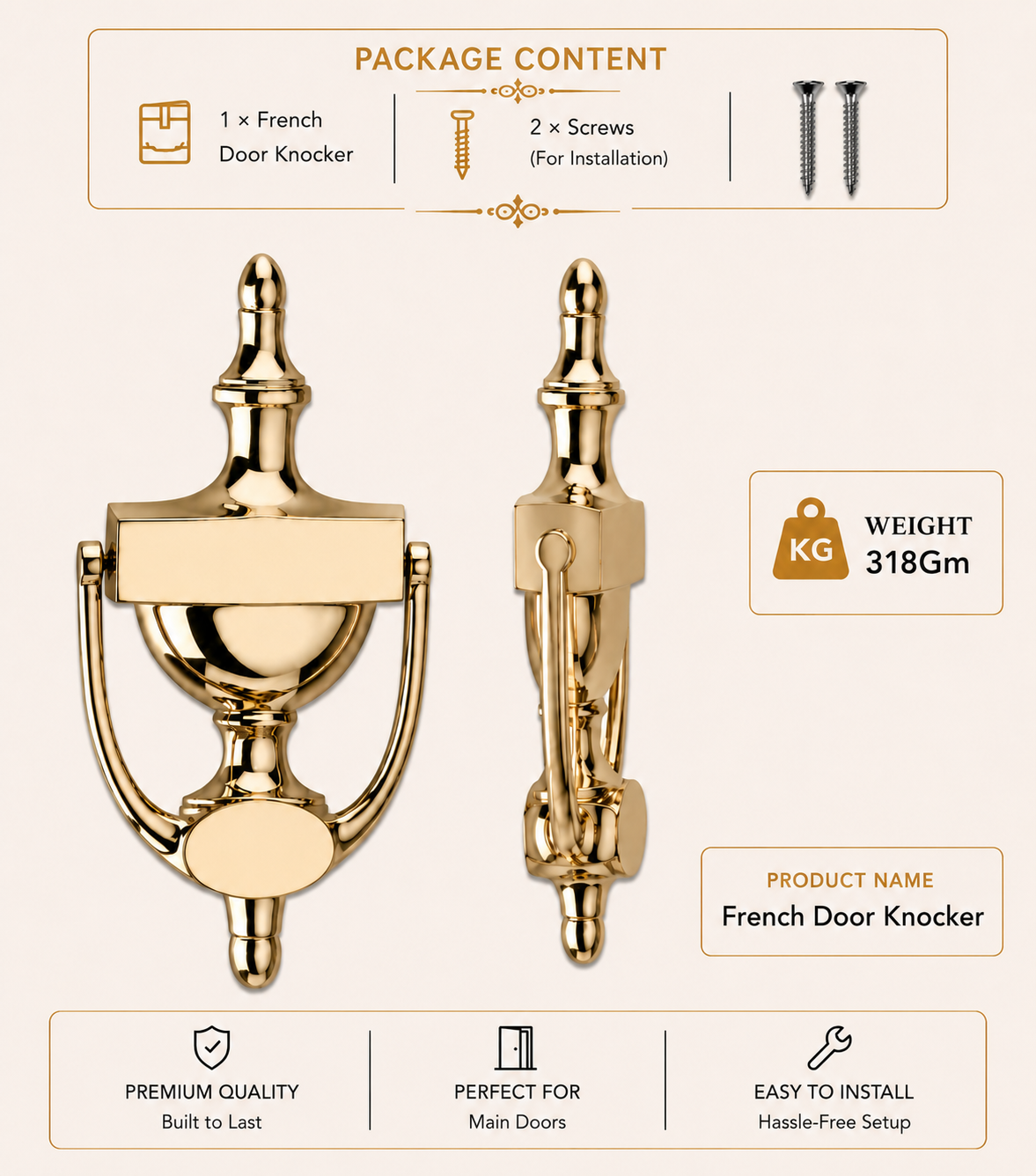 French Brass Door Knocker | Premium Solid Brass Main Door Knocker | Antique Finish | Luxury Home Entrance Decor