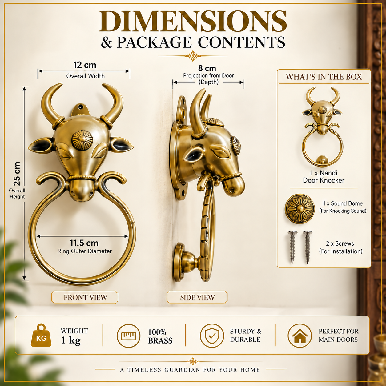 Nandi Brass Door Knocker | Premium Solid Brass Main Door Knocker | Antique Gold Finish | Luxury Home Entrance Decor