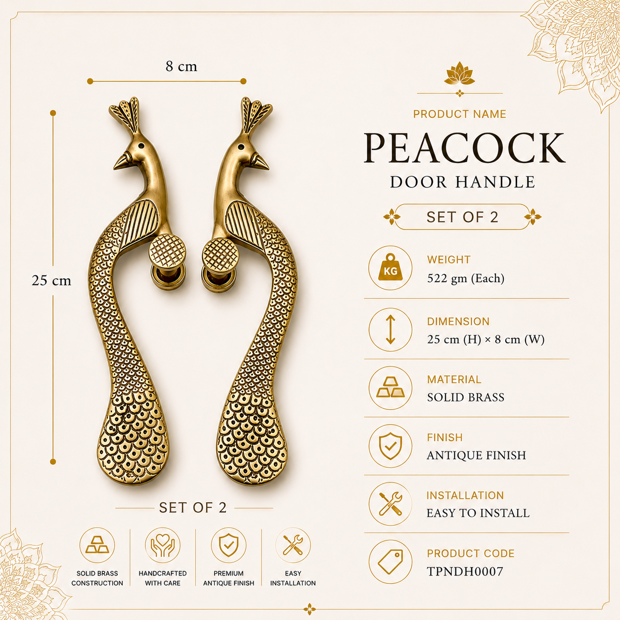 Set of 2 Peacock Brass Door Handle | Premium Solid Brass Main Door Handles | Antique Finish | Luxury Home Entrance Decor