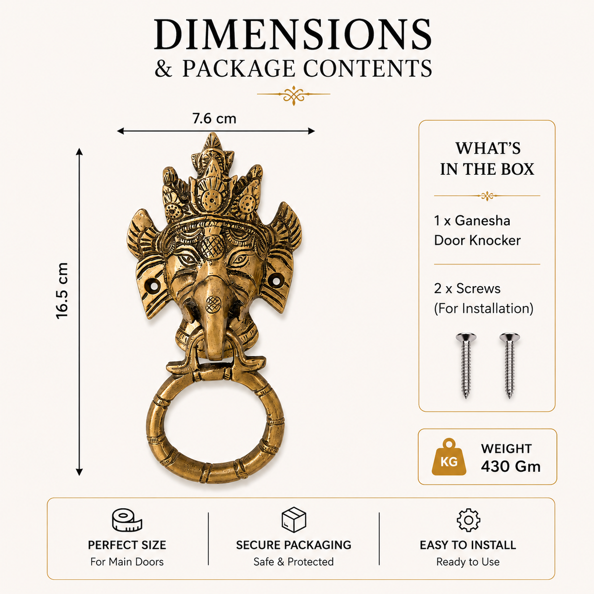Lord Ganesha Brass Door Knocker | Premium Solid Brass Main Door Knocker | Antique Finish | Vastu Home Entrance Decor
