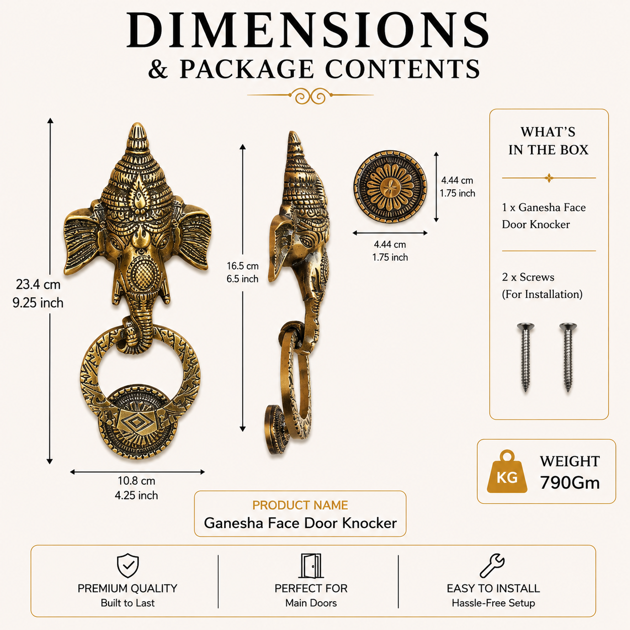 Lord Ganesha Brass Door Knocker | Premium Solid Brass Main Door Knocker | Antique Finish | Vastu Home Entrance Decor