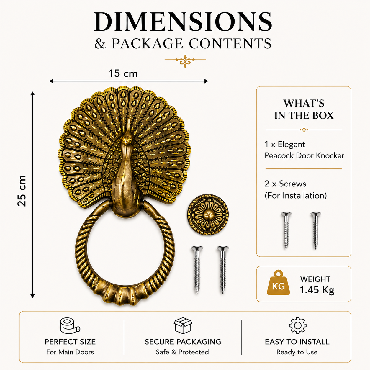 Grand Royal Peacock Brass Door Knocker | Premium Solid Brass Main Door Knocker | Antique Finish | Luxury Home Entrance Decor