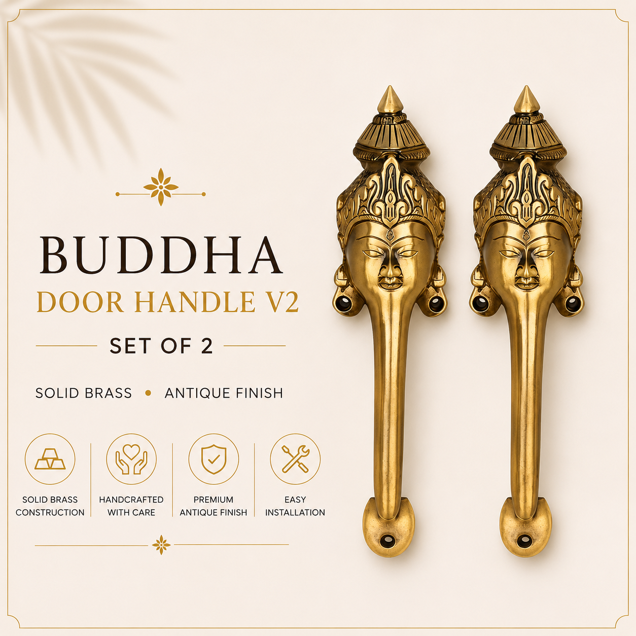 Set of 2 Buddha Brass Door Handle | Premium Solid Brass Main Door Handle | Antique Finish | Luxury Home Entrance Decor