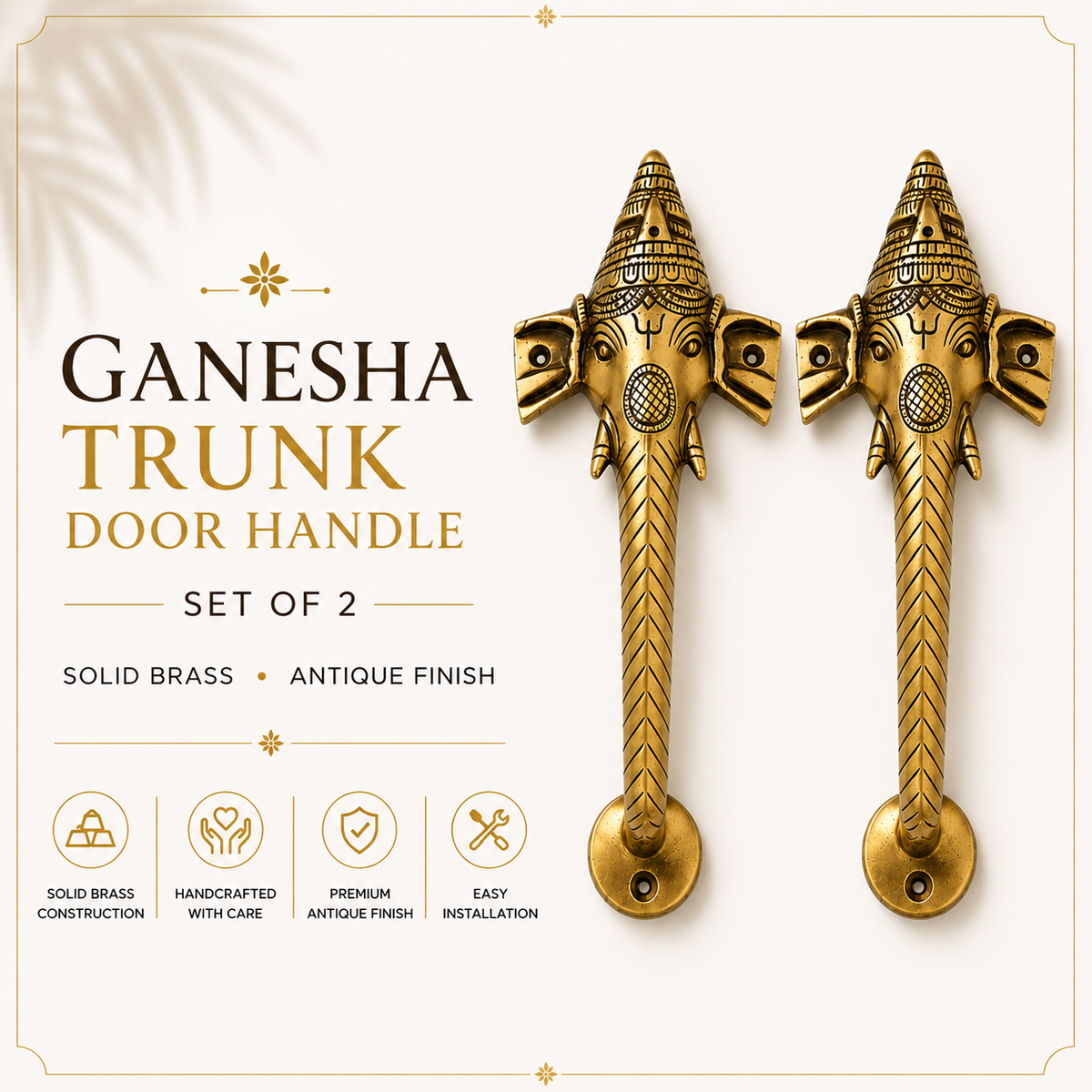 Set Of 2 Ganesha Trunk Brass Door Handle | Premium Solid Brass Main Door Handle | Antique Finish | Vastu Home Entrance Decor