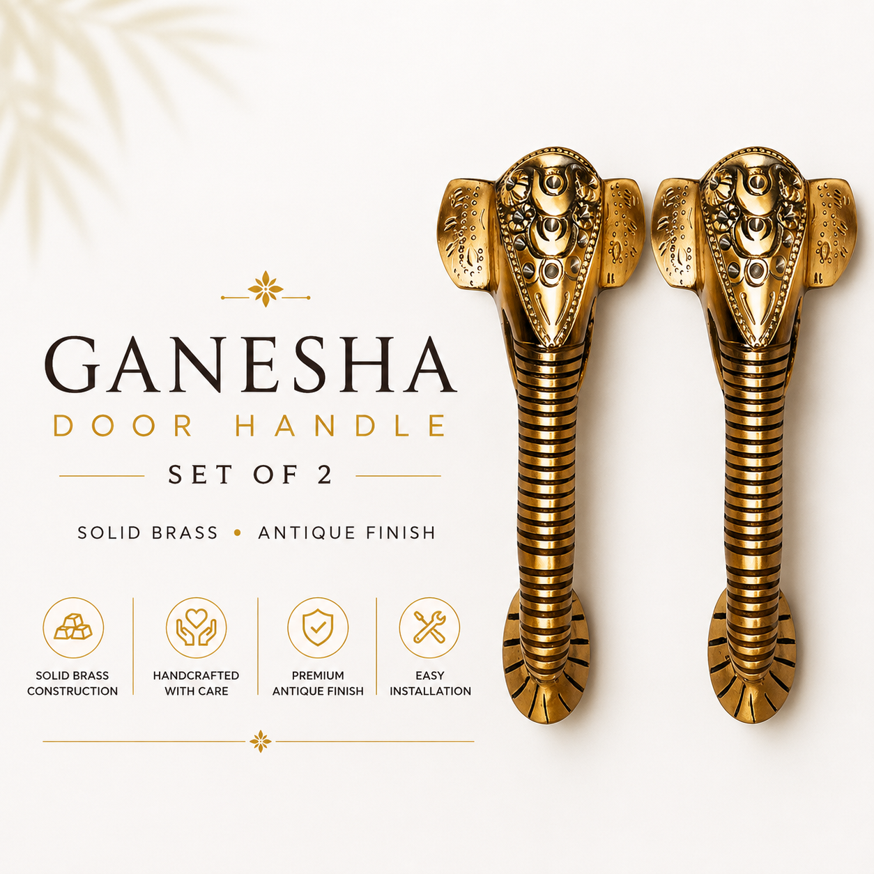 Set of 2 Ganesha Brass Door Handle | Premium Solid Brass Main Door Handle | Antique Finish | Vastu Home Entrance Decor