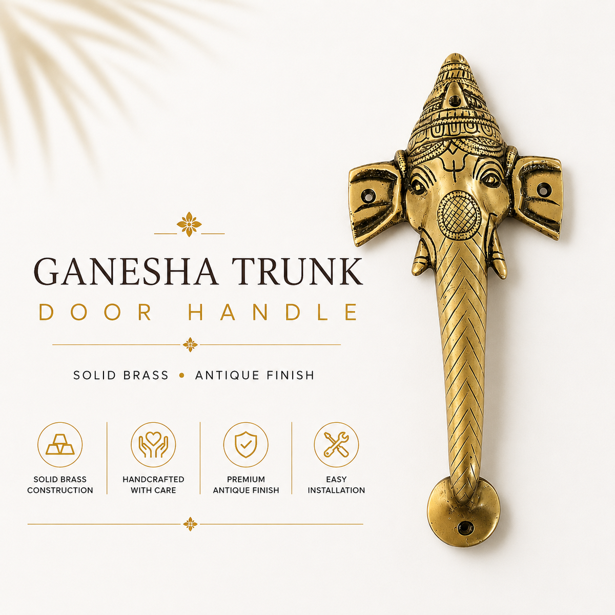 Ganesha Trunk Brass Door Handle | Premium Solid Brass Main Door Handle | Antique Finish | Vastu Home Entrance Decor