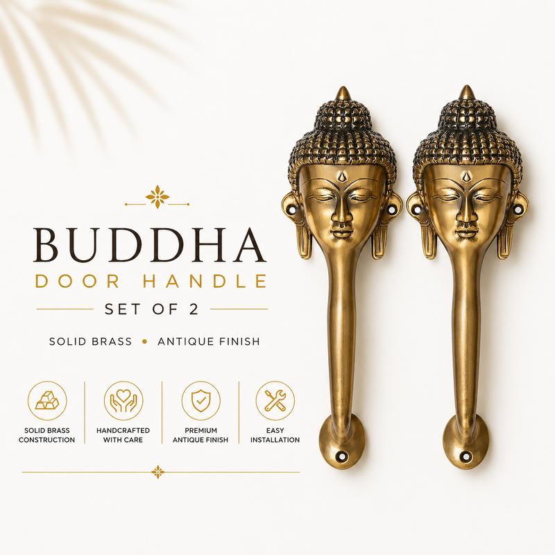 Set of 2 Buddha Brass Door Handle | Premium Solid Brass Main Door Handle | Antique Finish | Luxury Home Entrance Decor