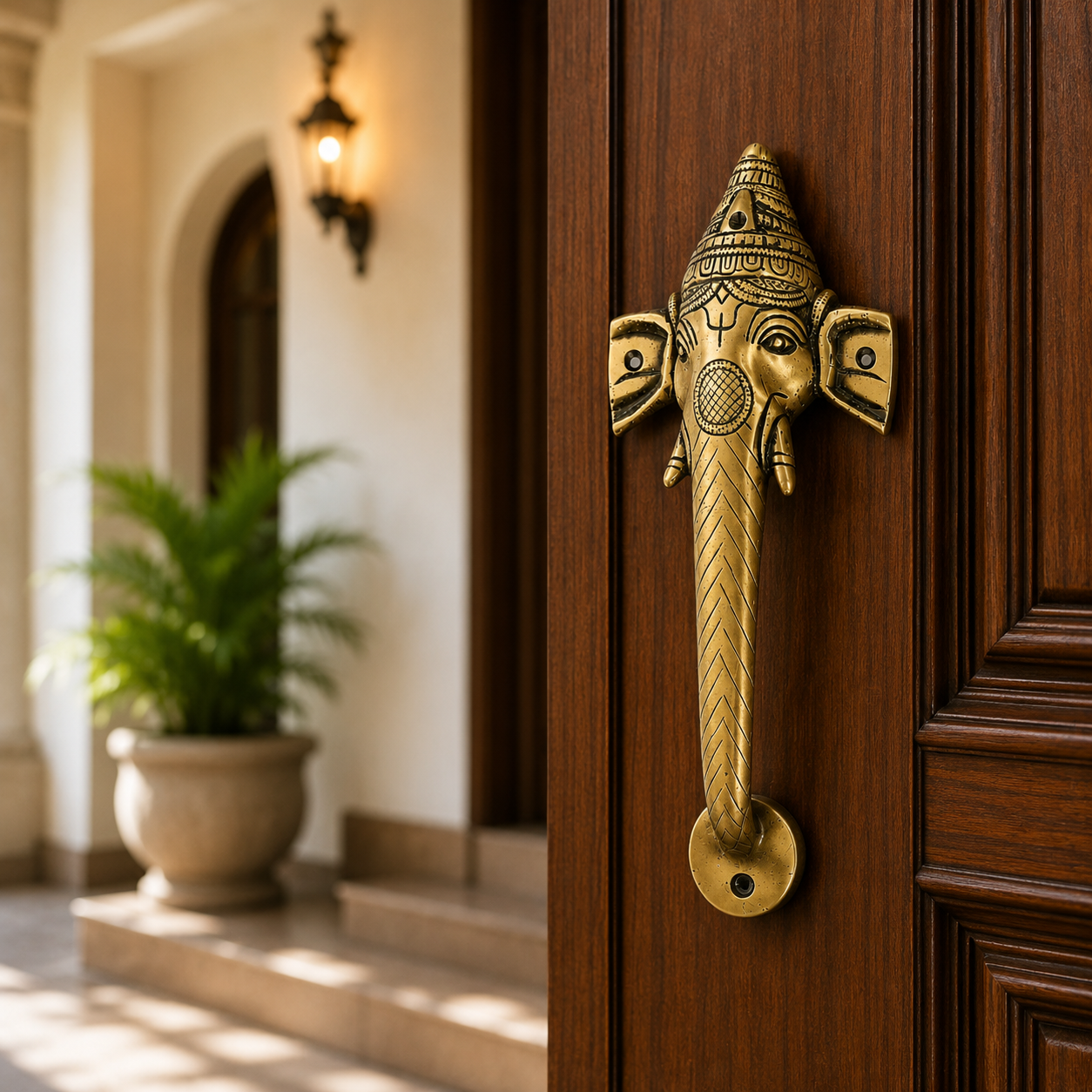 Set Of 2 Ganesha Trunk Brass Door Handle | Premium Solid Brass Main Door Handle | Antique Finish | Vastu Home Entrance Decor