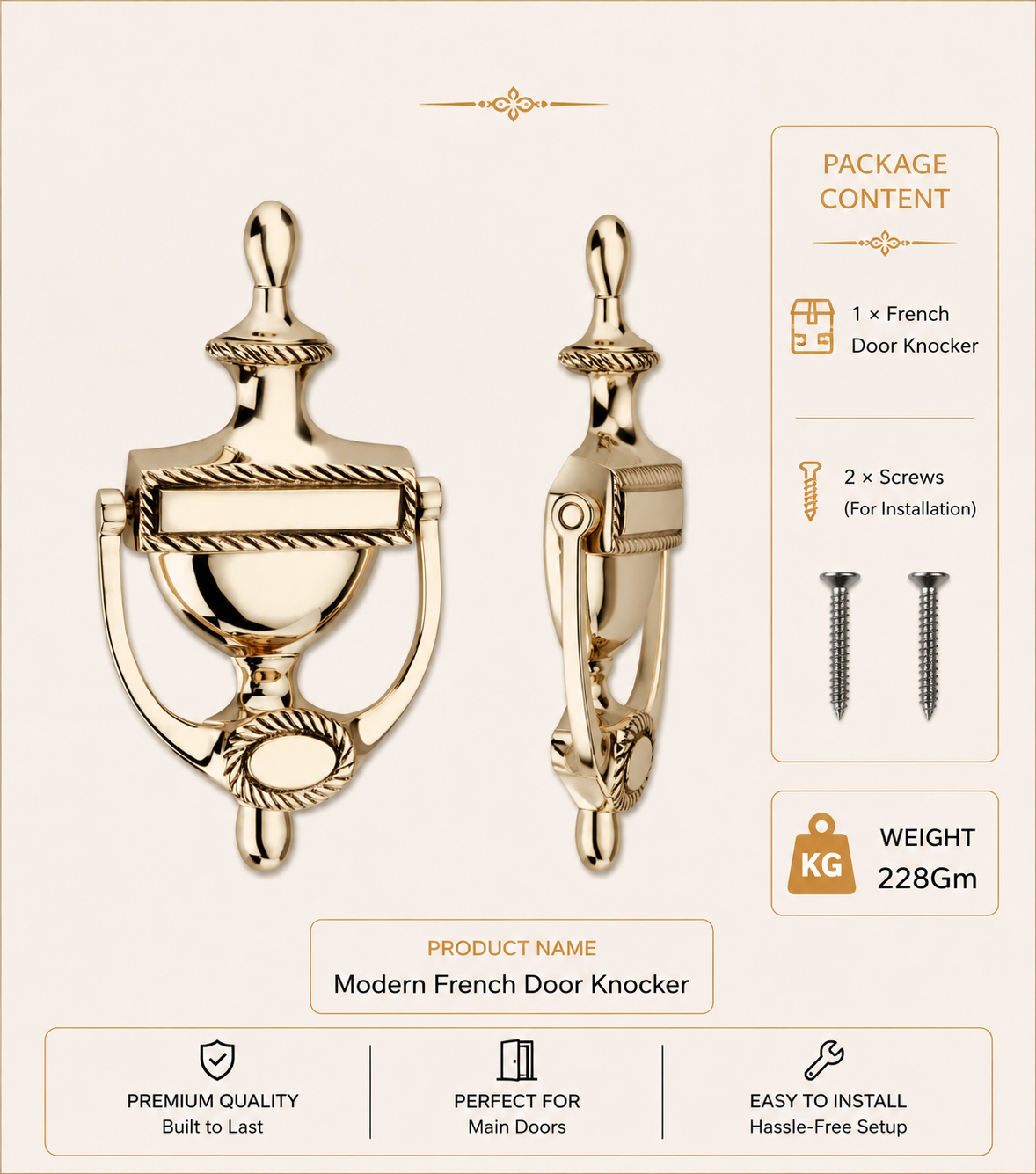 Modern French Brass Door Knocker | Premium Solid Brass Entrance Door Knocker | Antique Finish | Luxury Main Door Hardware