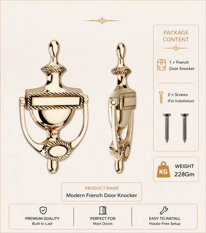 Modern French Brass Door Knocker | Premium Solid Brass Entrance Door Knocker | Antique Finish | Luxury Main Door Hardware