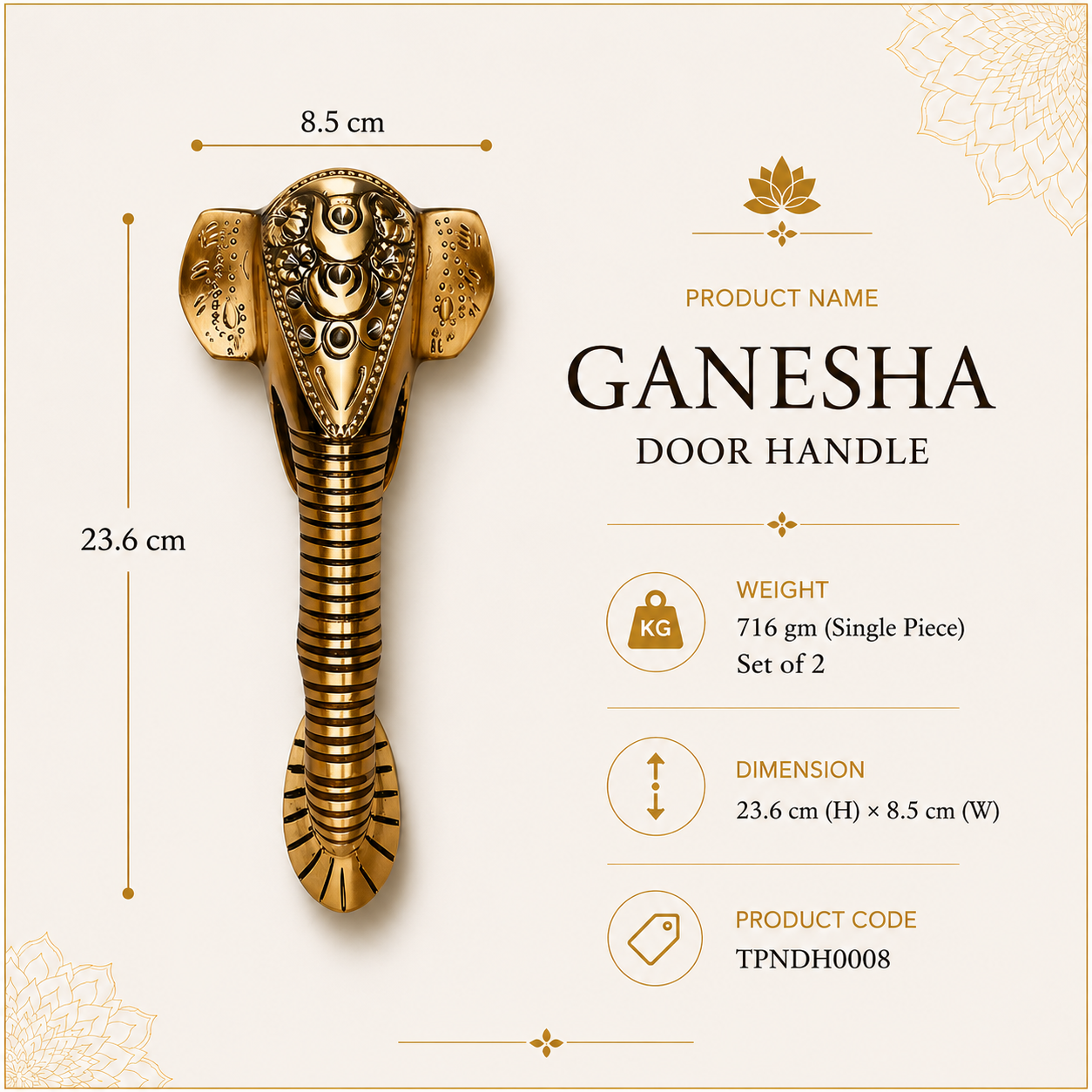 Set of 2 Ganesha Brass Door Handle | Premium Solid Brass Main Door Handle | Antique Finish | Vastu Home Entrance Decor