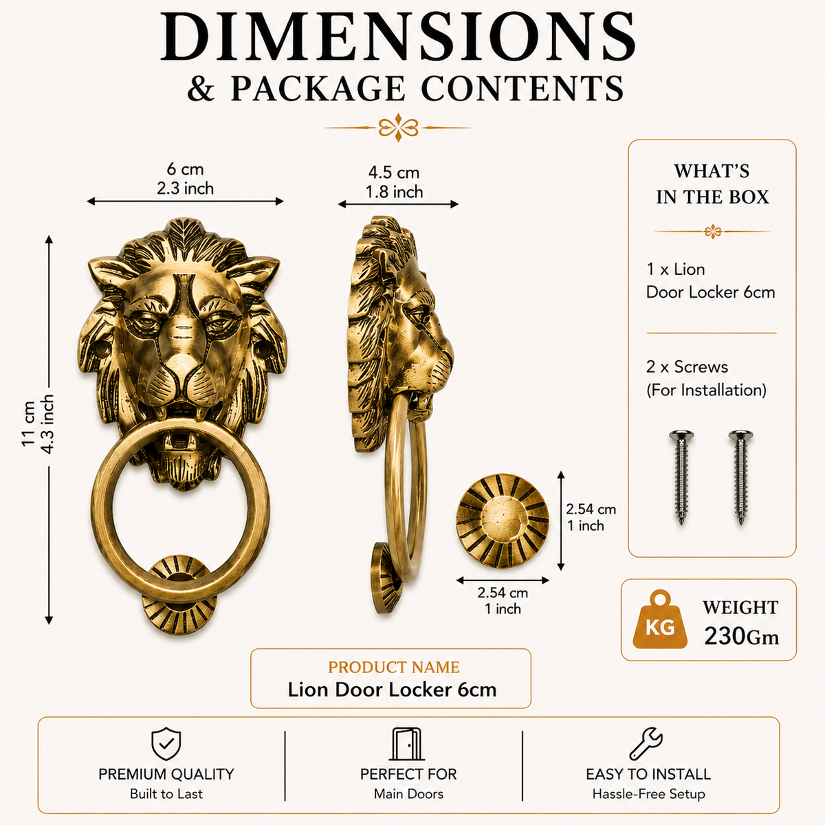 Lion Brass Door Knocker | Premium Solid Brass Main Door Knocker | Antique Finish | Luxury Home Entrance Decor