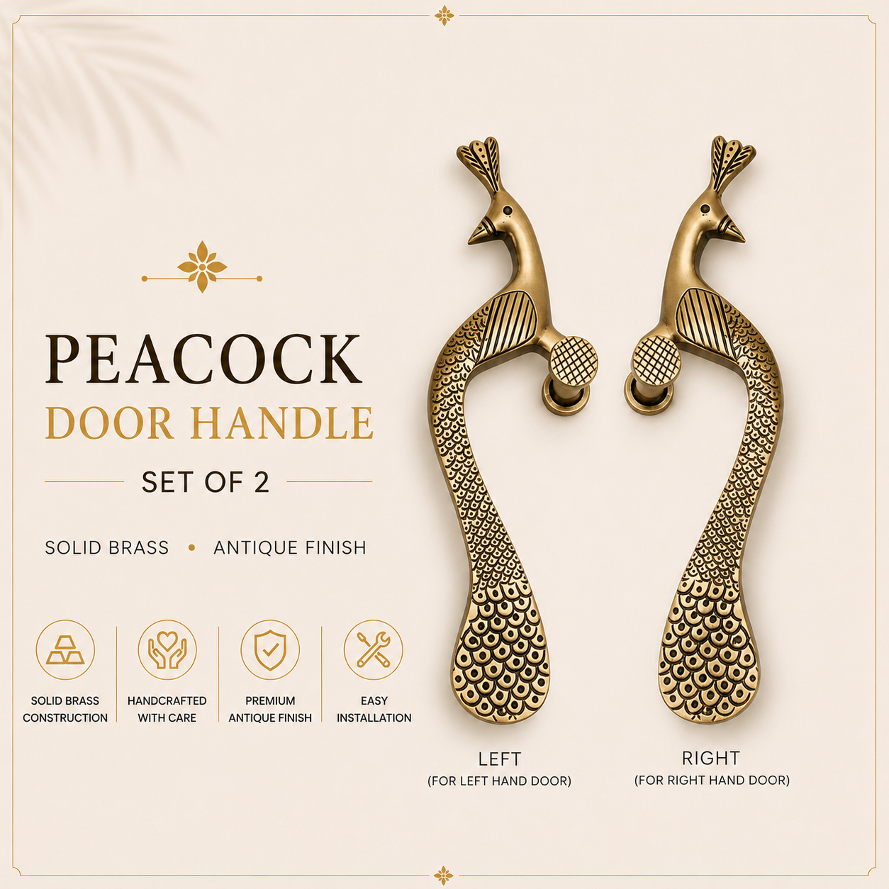 Set of 2 Peacock Brass Door Handle | Premium Solid Brass Main Door Handles | Antique Finish | Luxury Home Entrance Decor