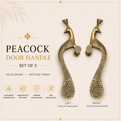 Set of 2 Peacock Brass Door Handle | Premium Solid Brass Main Door Handles | Antique Finish | Luxury Home Entrance Decor