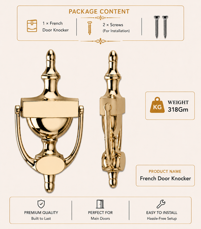 French Brass Door Knocker | Premium Solid Brass Main Door Knocker | Antique Finish | Luxury Home Entrance Decor