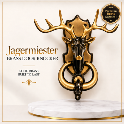 Jagermeister Brass Door Knocker | Premium Solid Brass Deer Main Door Knocker | Antique Finish | Luxury Home Entrance Decor