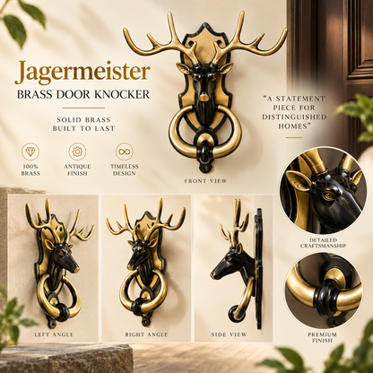 Jagermeister Brass Door Knocker | Premium Solid Brass Deer Main Door Knocker | Antique Finish | Luxury Home Entrance Decor