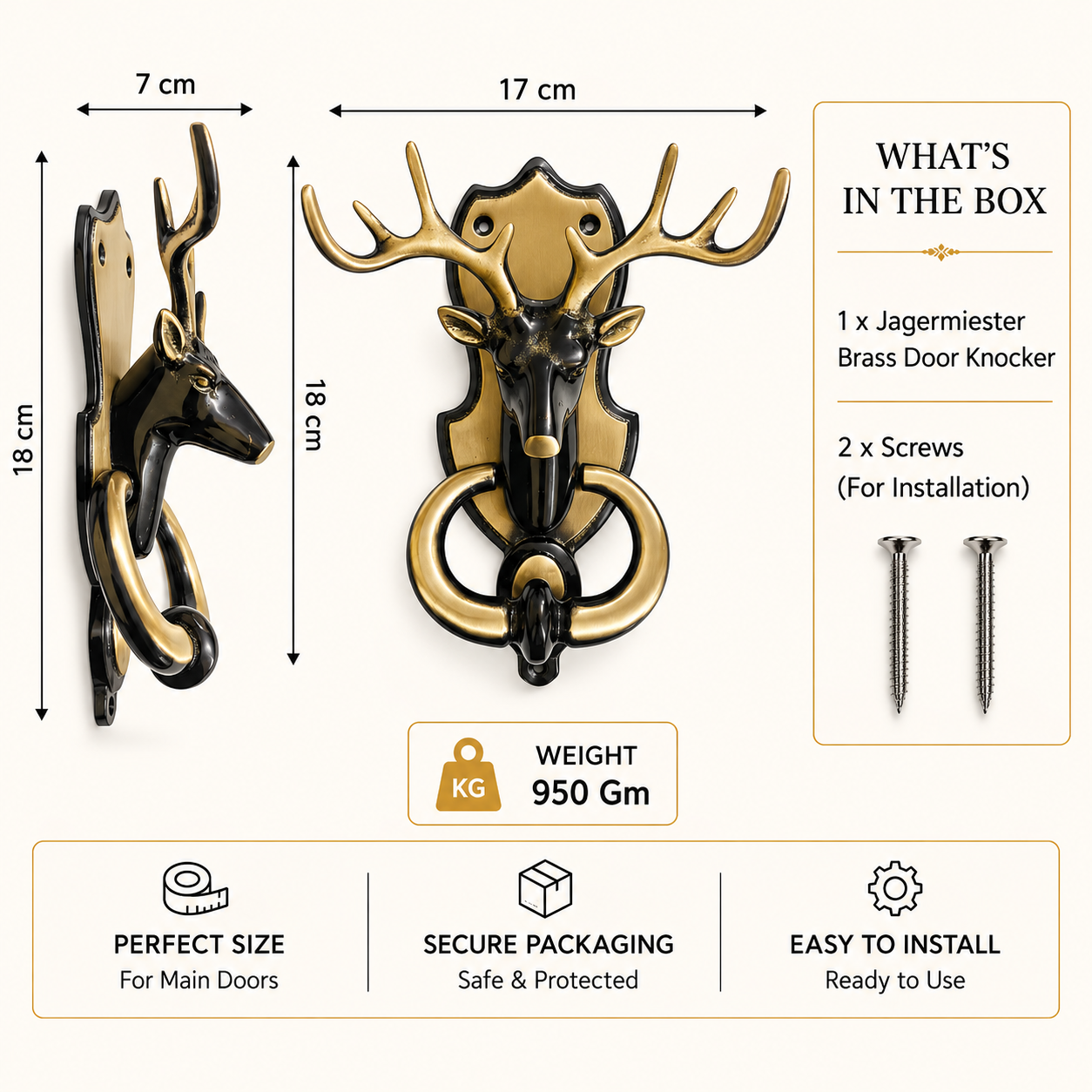 Jagermeister Brass Door Knocker | Premium Solid Brass Deer Main Door Knocker | Antique Finish | Luxury Home Entrance Decor