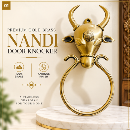 Nandi Brass Door Knocker | Premium Solid Brass Main Door Knocker | Antique Gold Finish | Luxury Home Entrance Decor