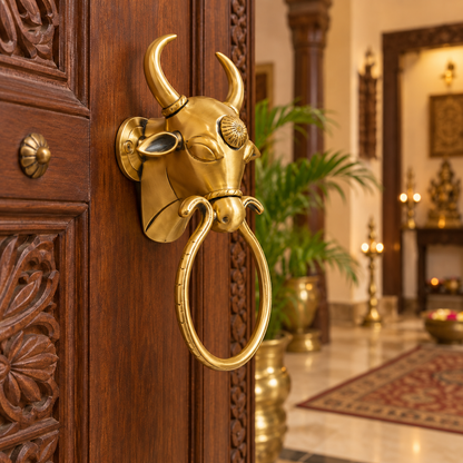 Nandi Brass Door Knocker | Premium Solid Brass Main Door Knocker | Antique Gold Finish | Luxury Home Entrance Decor