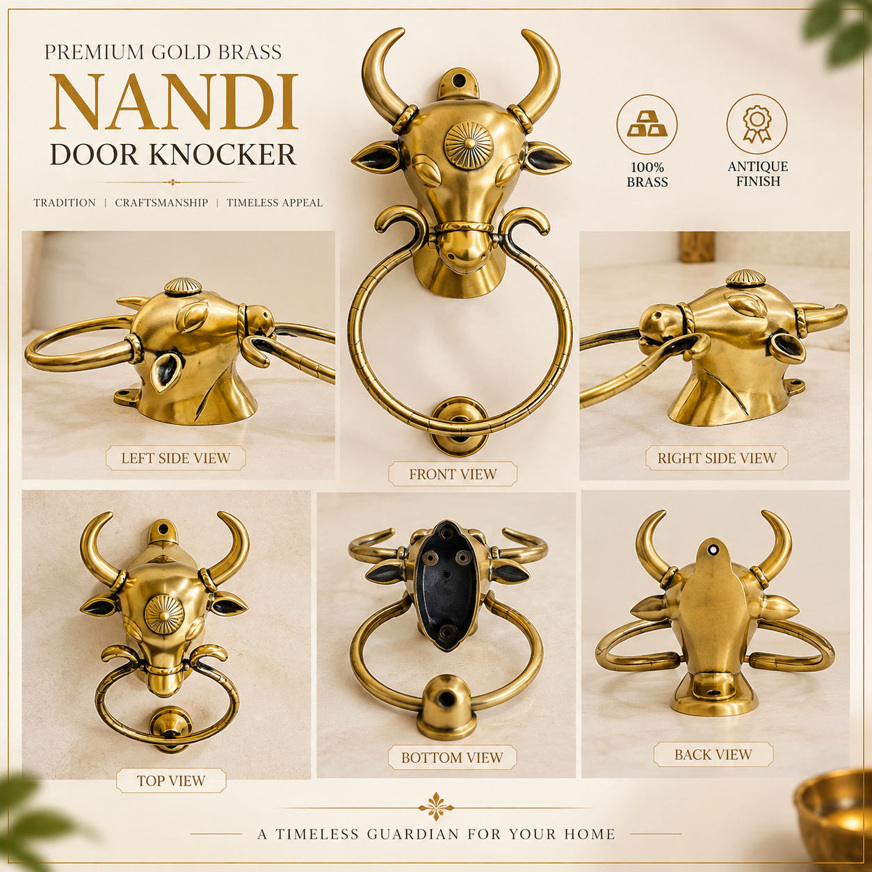 Nandi Brass Door Knocker | Premium Solid Brass Main Door Knocker | Antique Gold Finish | Luxury Home Entrance Decor