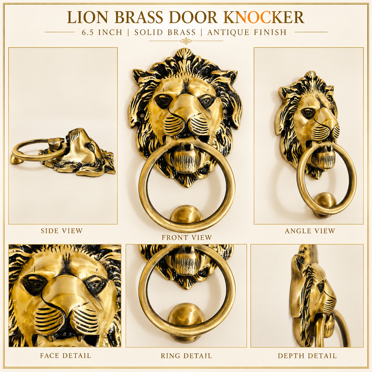 Lion Brass Door Knocker 6.5 Inch | Premium Solid Brass Main Door Knocker | Antique Gold Finish | Luxury Entrance Decor