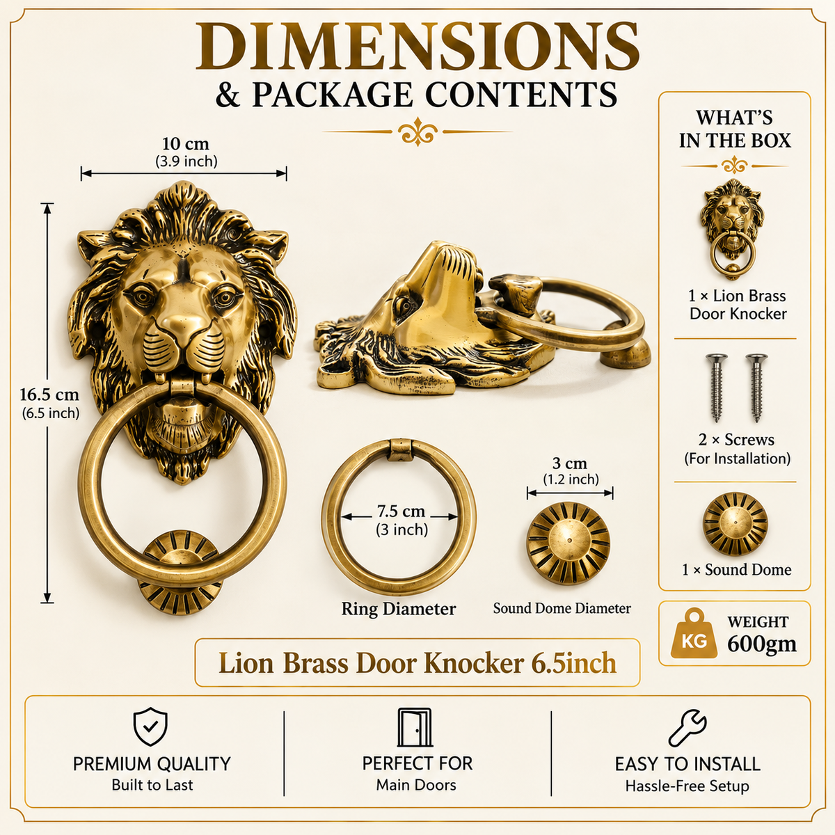 Lion Brass Door Knocker 6.5 Inch | Premium Solid Brass Main Door Knocker | Antique Gold Finish | Luxury Entrance Decor