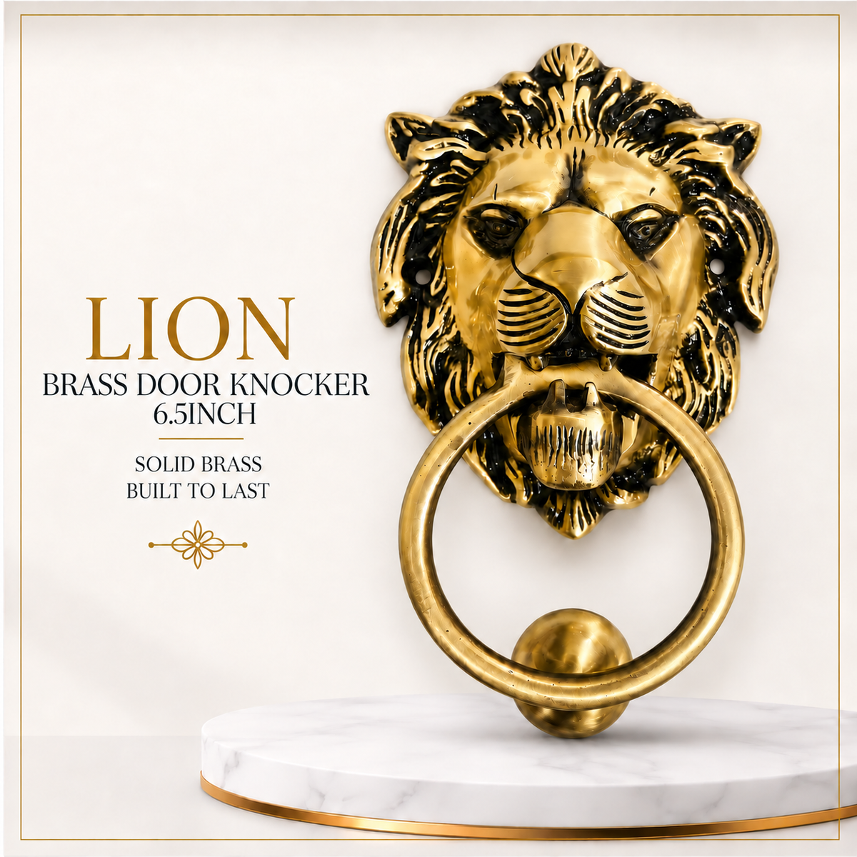 Lion Brass Door Knocker 6.5 Inch | Premium Solid Brass Main Door Knocker | Antique Gold Finish | Luxury Entrance Decor