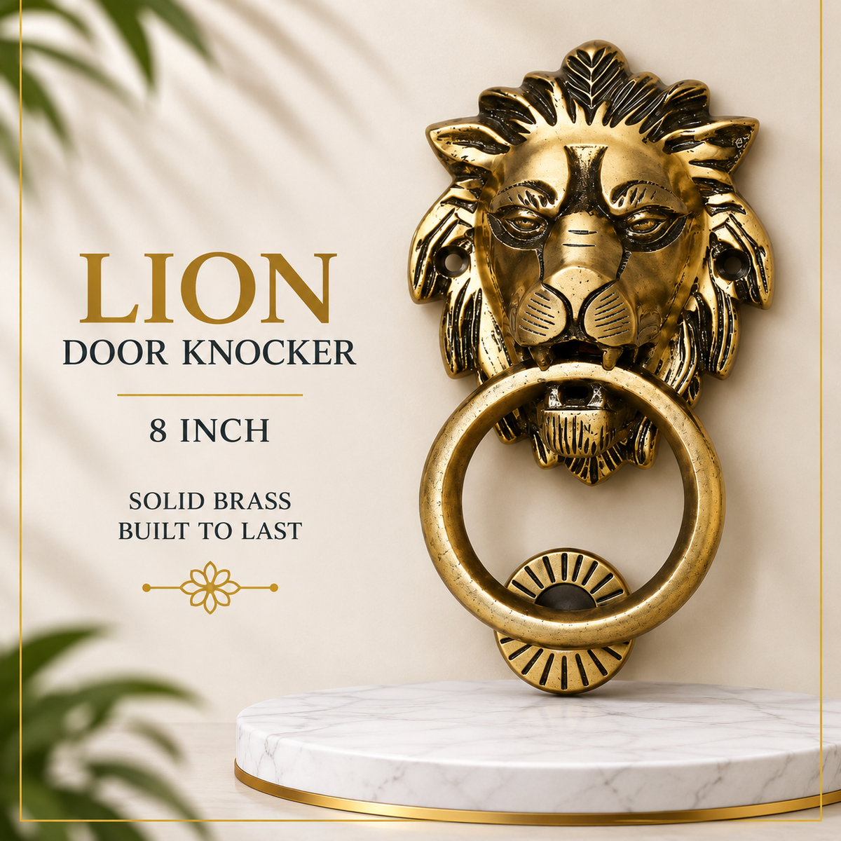 Lion Brass Door Knocker 8 Inch | Premium Solid Brass Main Door Knocker | Antique Gold Finish | Luxury Entrance Decor