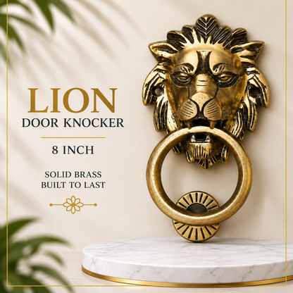 Lion Brass Door Knocker 8 Inch | Premium Solid Brass Main Door Knocker | Antique Gold Finish | Luxury Entrance Decor