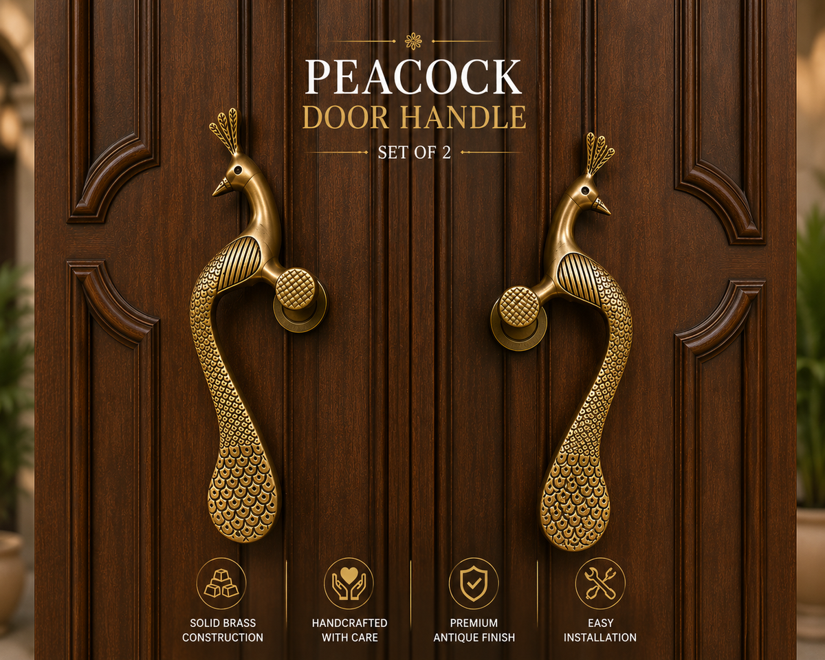 Set of 2 Peacock Brass Door Handle | Premium Solid Brass Main Door Handles | Antique Finish | Luxury Home Entrance Decor