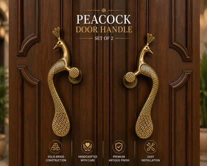 Set of 2 Peacock Brass Door Handle | Premium Solid Brass Main Door Handles | Antique Finish | Luxury Home Entrance Decor