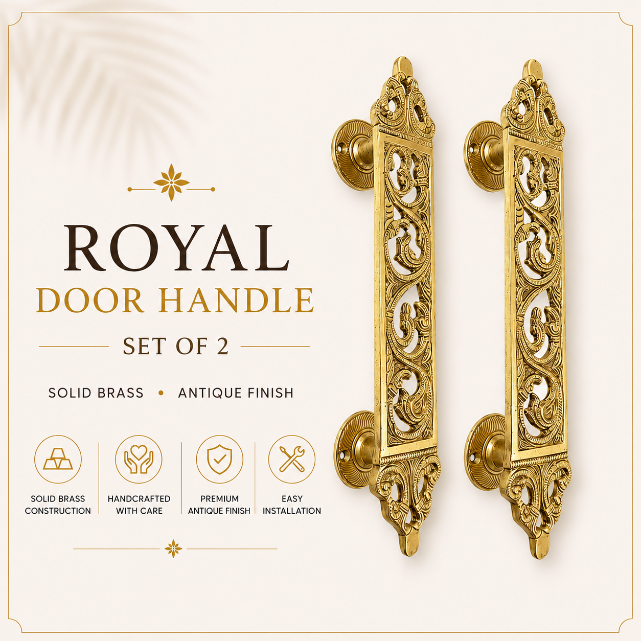 Set of 2 Royal Brass Door Handle | Premium Solid Brass Main Door Handle | Antique Finish | Luxury Home Entrance Decor