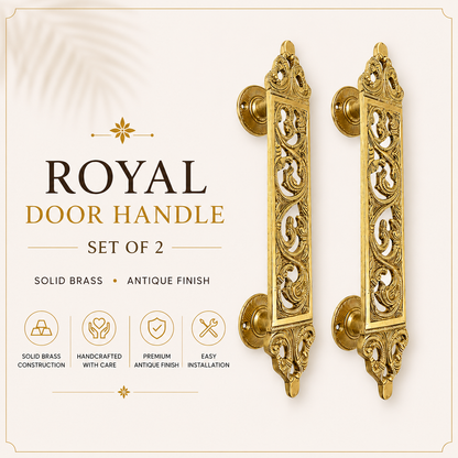 Set of 2 Royal Brass Door Handle | Premium Solid Brass Main Door Handle | Antique Finish | Luxury Home Entrance Decor