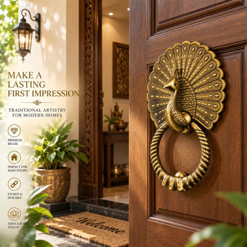 Grand Royal Peacock Brass Door Knocker | Premium Solid Brass Main Door Knocker | Antique Finish | Luxury Home Entrance Decor