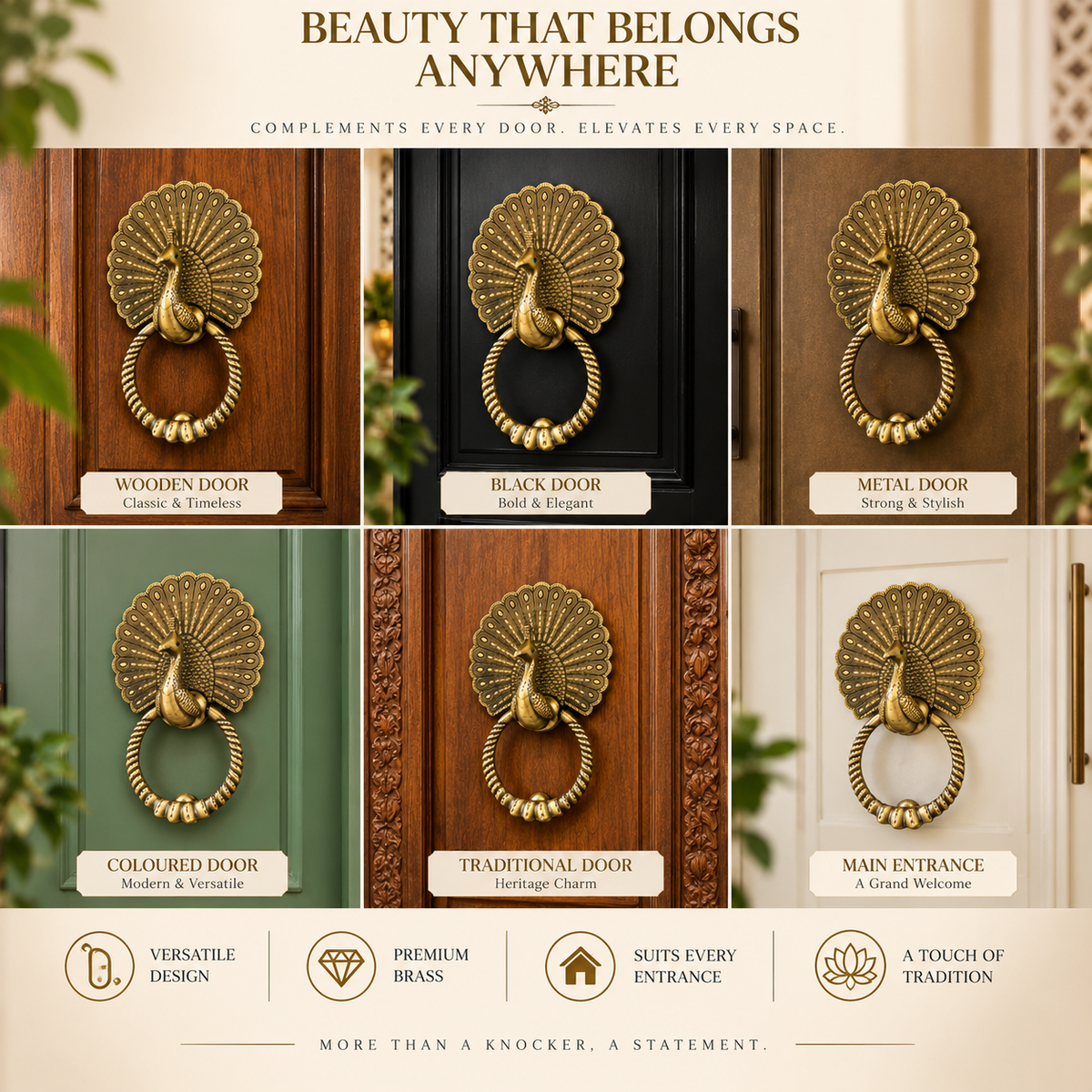 Grand Royal Peacock Brass Door Knocker | Premium Solid Brass Main Door Knocker | Antique Finish | Luxury Home Entrance Decor