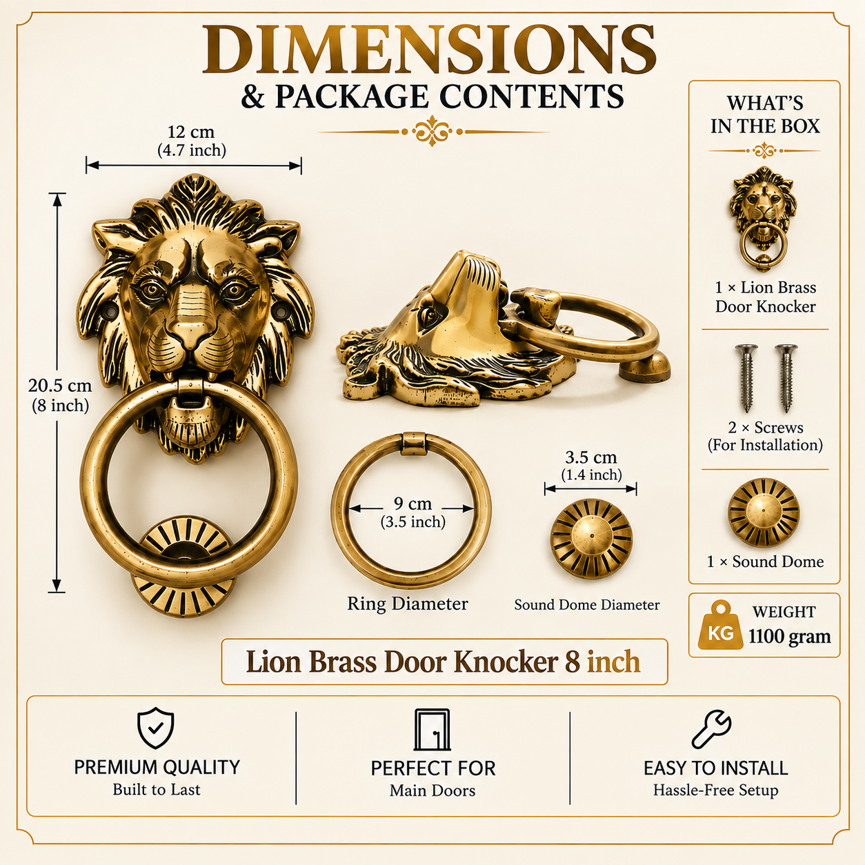 Lion Brass Door Knocker 8 Inch | Premium Solid Brass Main Door Knocker | Antique Gold Finish | Luxury Entrance Decor