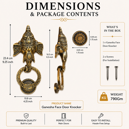 Lord Ganesha Brass Door Knocker | Premium Solid Brass Main Door Knocker | Antique Finish | Vastu Home Entrance Decor