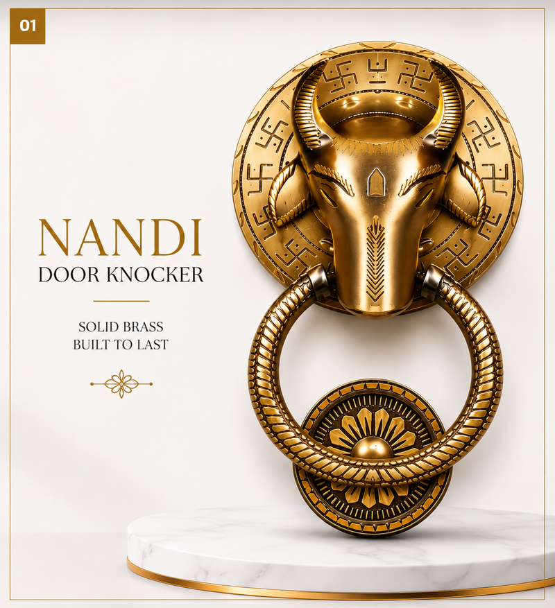 Nandi Brass Door Knocker | Premium Solid Brass Main Door Knocker | Antique Finish | Vastu & Home Entrance Decor
