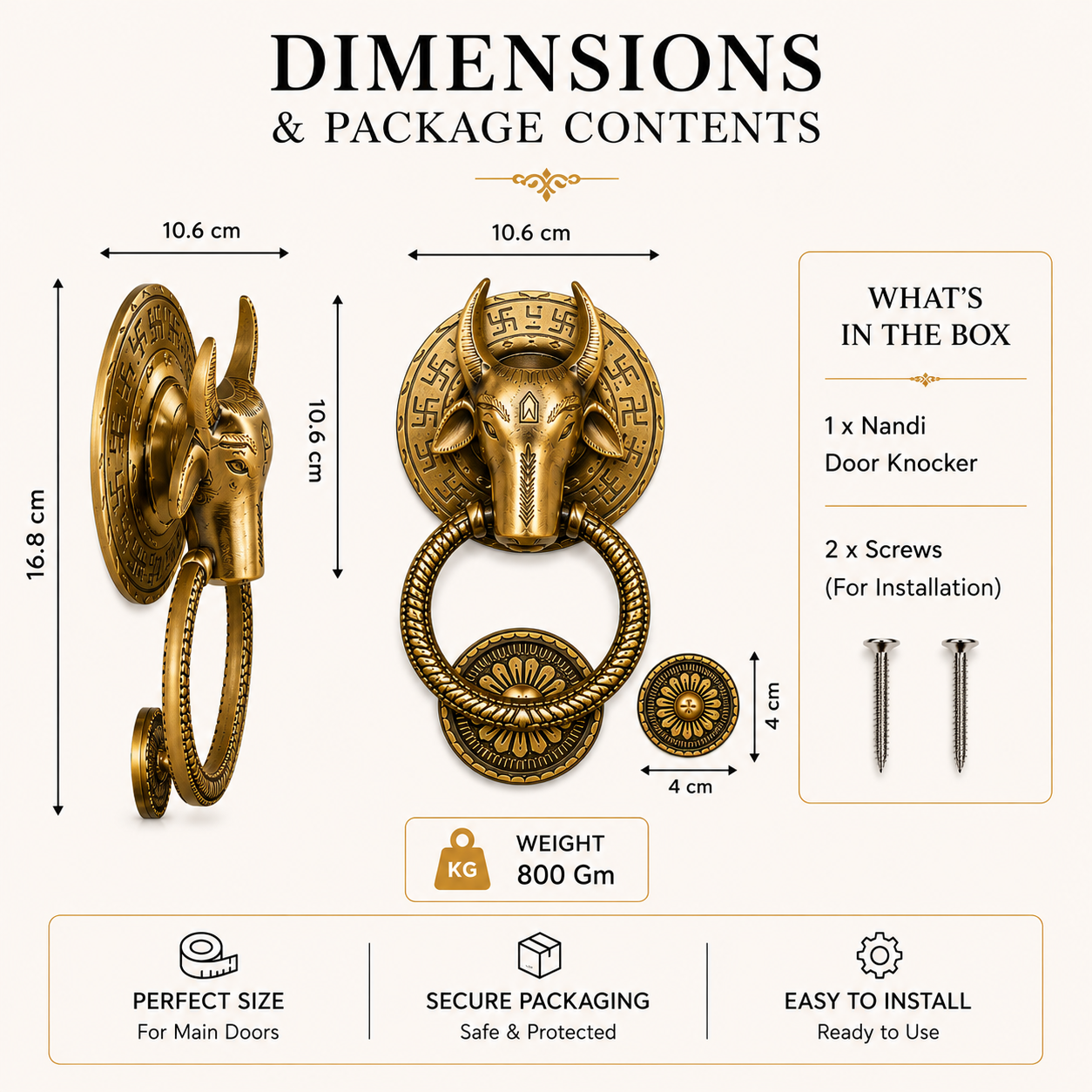 Nandi Brass Door Knocker | Premium Solid Brass Main Door Knocker | Antique Finish | Vastu & Home Entrance Decor