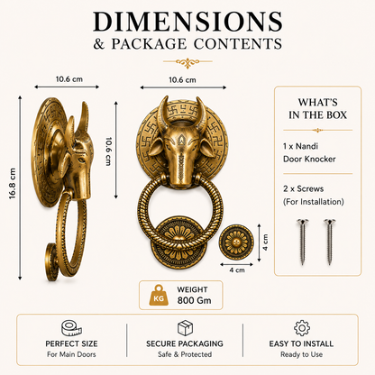 Nandi Brass Door Knocker | Premium Solid Brass Main Door Knocker | Antique Finish | Vastu & Home Entrance Decor