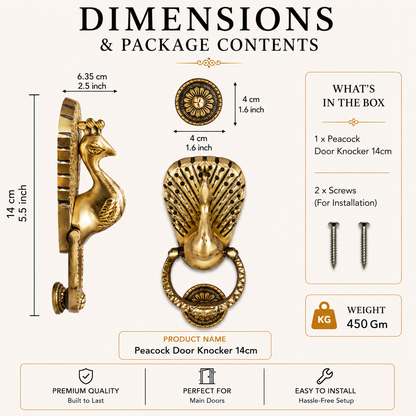 Peacock Majesty Brass Door Knocker | Premium Solid Brass Main Door Knocker | Antique Finish | Luxury Home Entrance Decor