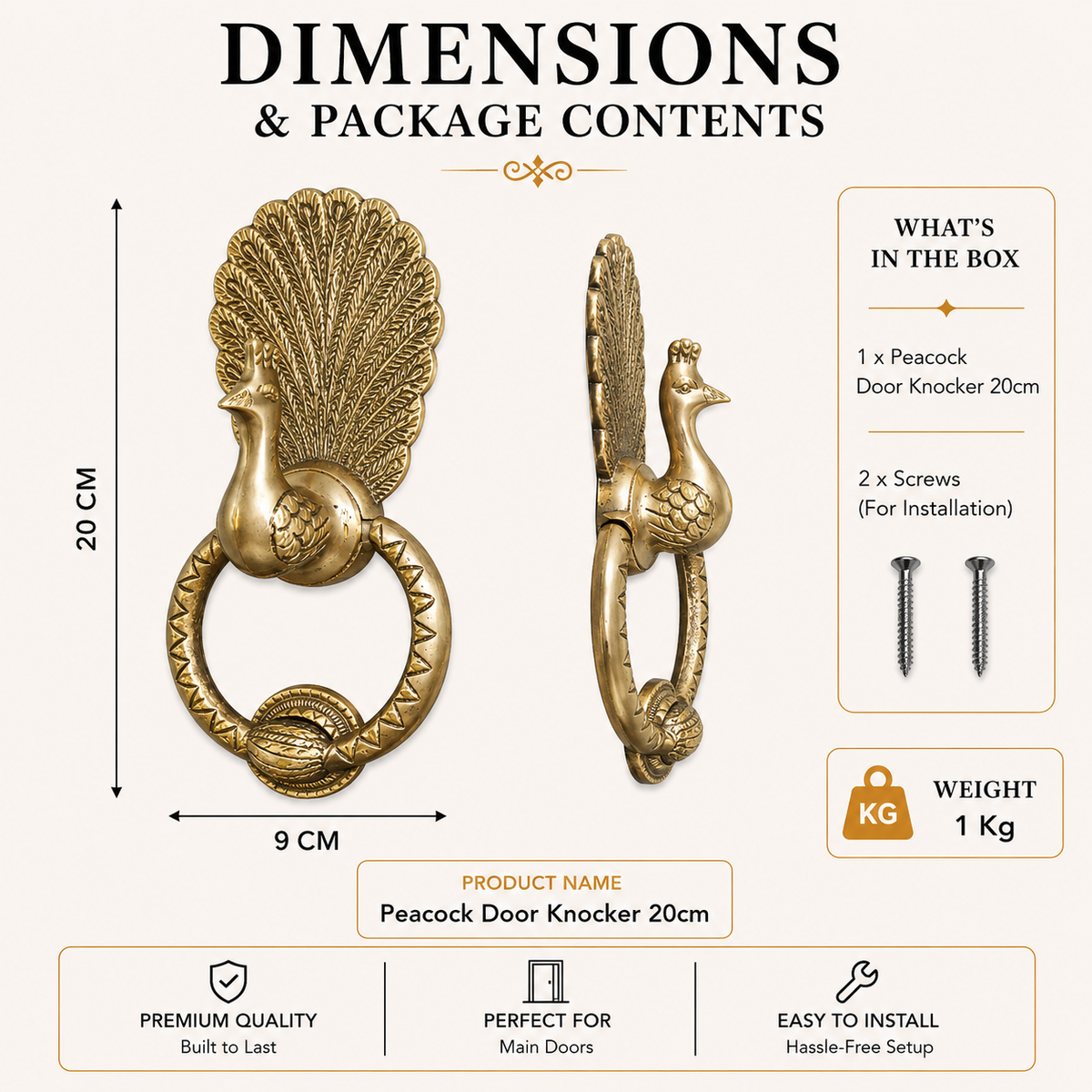 Peacock Brass Door Knocker | Premium Solid Brass Main Door Knocker | Antique Finish | Luxury Home Entrance Decor