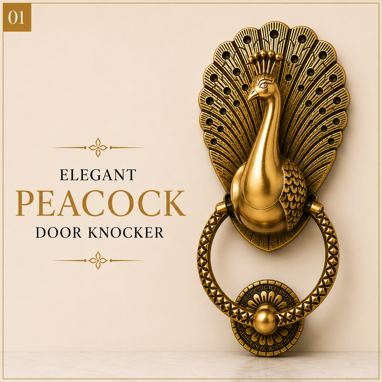 Peacock Majesty Brass Door Knocker | Premium Solid Brass Main Door Knocker | Antique Finish | Luxury Home Entrance Decor