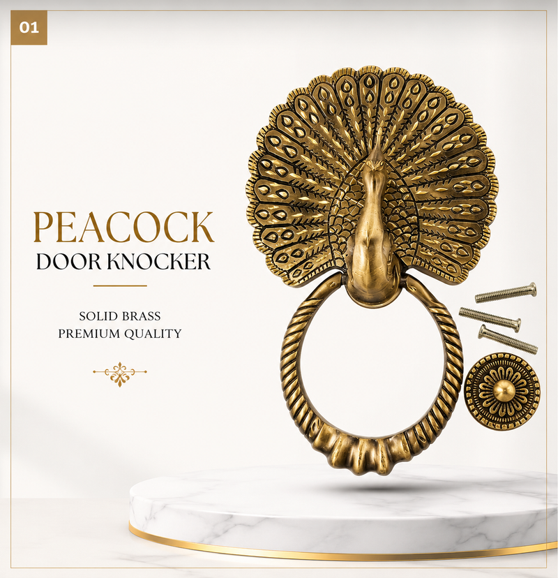 Grand Royal Peacock Brass Door Knocker | Premium Solid Brass Main Door Knocker | Antique Finish | Luxury Home Entrance Decor